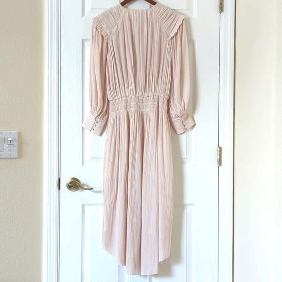 Joie Rheia Silky Pleated Long Balloon Sleeve Blouson A-Line Midi Dress Cream S - Picture 12 of 15
